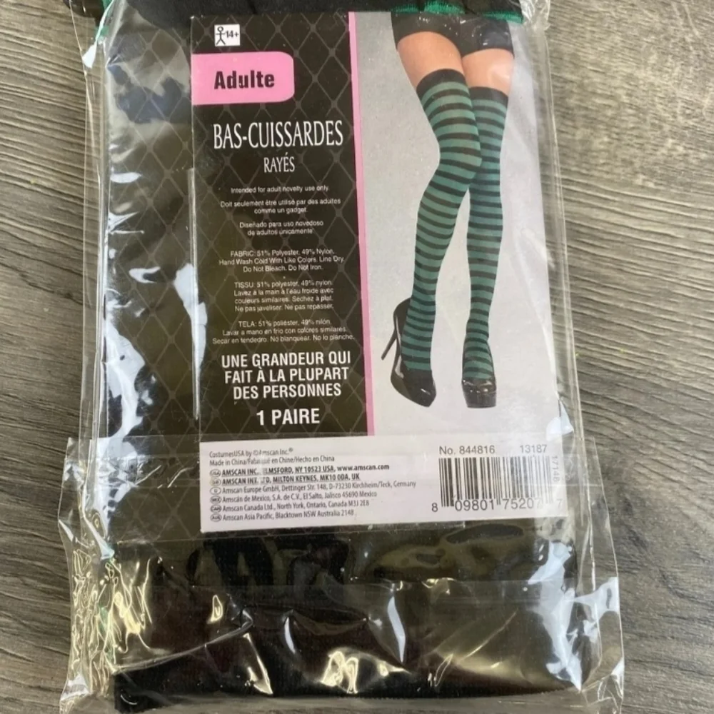 NWT Striped Thigh Highs Green Black OS Adult Halloween Costume Witch St. Patrick